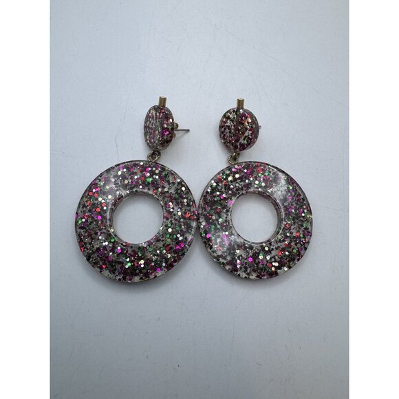 FASHION ACRYLIC CONFETTI ROUND RAINBOW DANGLE PIERCED EARRINGS - Picture 8 of 10